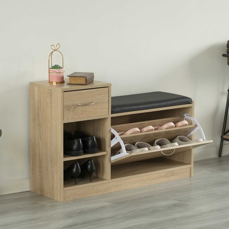 Basicwise Wooden Entryway Shoe Storage Bench with Cushion, Oak QI003942.OK